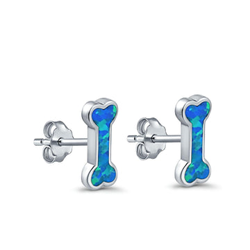 Dog Bone Stud Earrings Lab Created Blue Opal 925 Sterling Silver (5mm)
